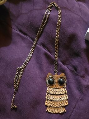 Vintage-Inspired Owl Pendant Necklace in Antique Gold with Black Eyes